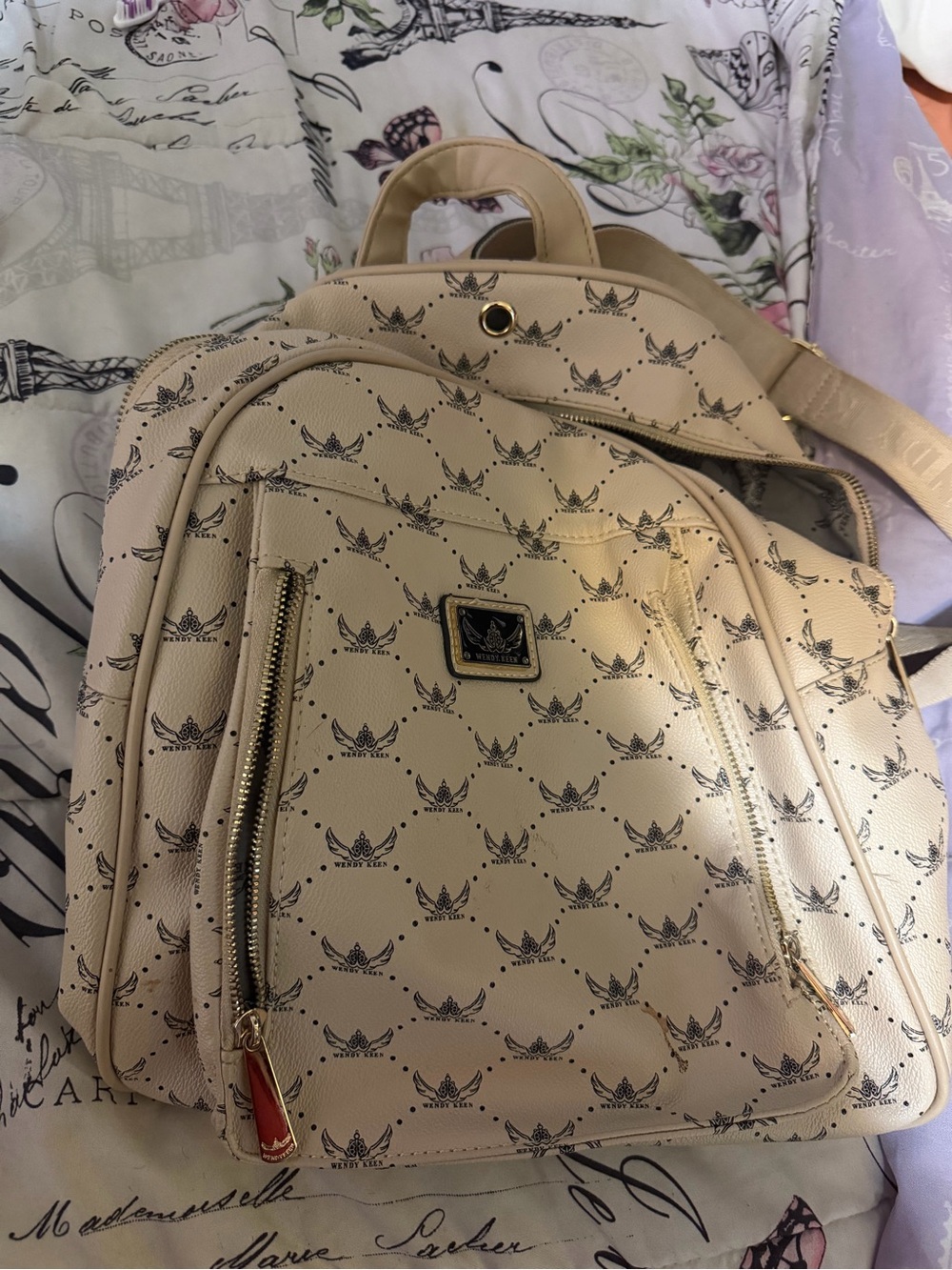 Beige Printed Women's Backpack Tote - Neutral Pattern